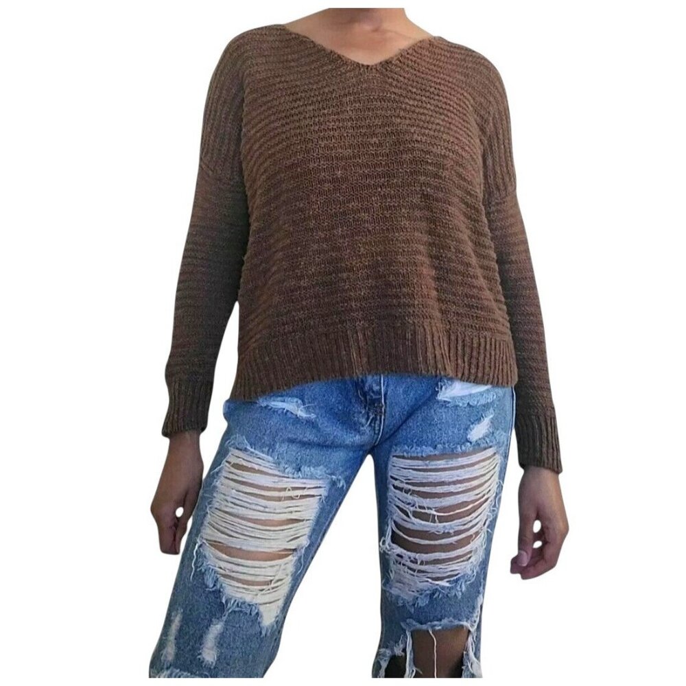 Lauren Jeans Company Womens V Neck Loose Knit Long Sleeve Sweater Brown Sz Med
